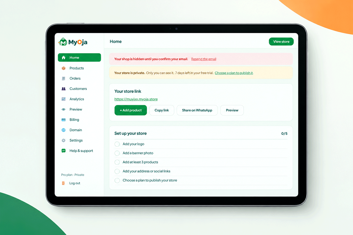 MyOja merchant dashboard displayed on a tablet, including store link, setup checklist and merchant navigation